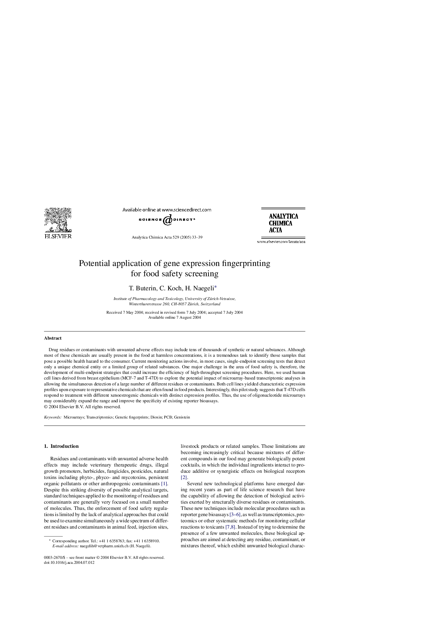 Potential application of gene expression fingerprinting for food safety screening