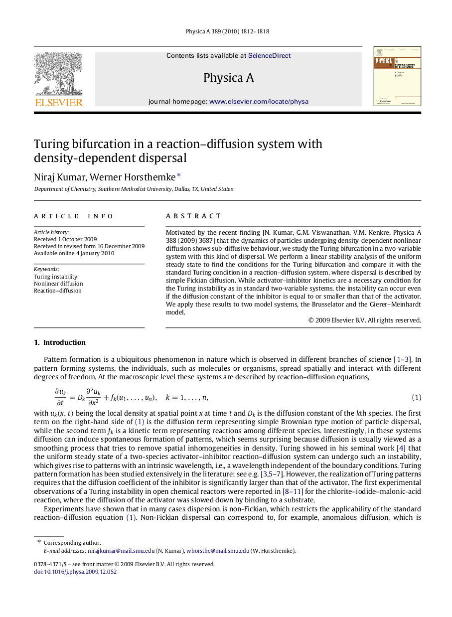 Turing bifurcation in a reaction–diffusion system with density-dependent dispersal