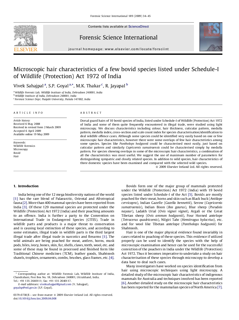 Microscopic hair characteristics of a few bovid species listed under Schedule-I of Wildlife (Protection) Act 1972 of India