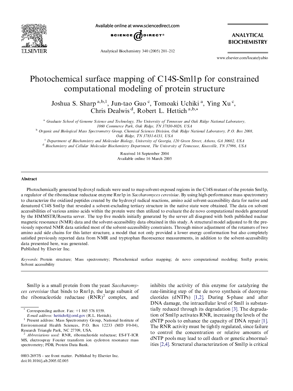 Photochemical surface mapping of C14S-Sml1p for constrained computational modeling of protein structure