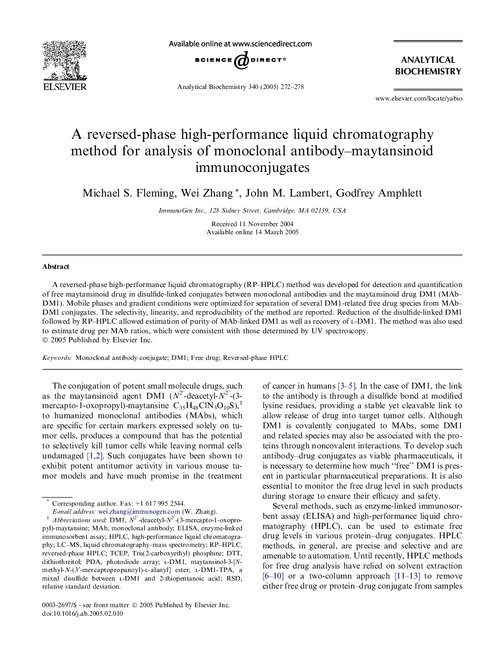 A reversed-phase high-performance liquid chromatography method for analysis of monoclonal antibody-maytansinoid immunoconjugates