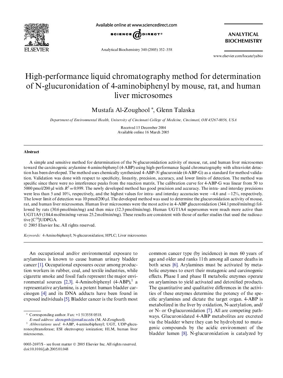 High-performance liquid chromatography method for determination of N-glucuronidation of 4-aminobiphenyl by mouse, rat, and human liver microsomes