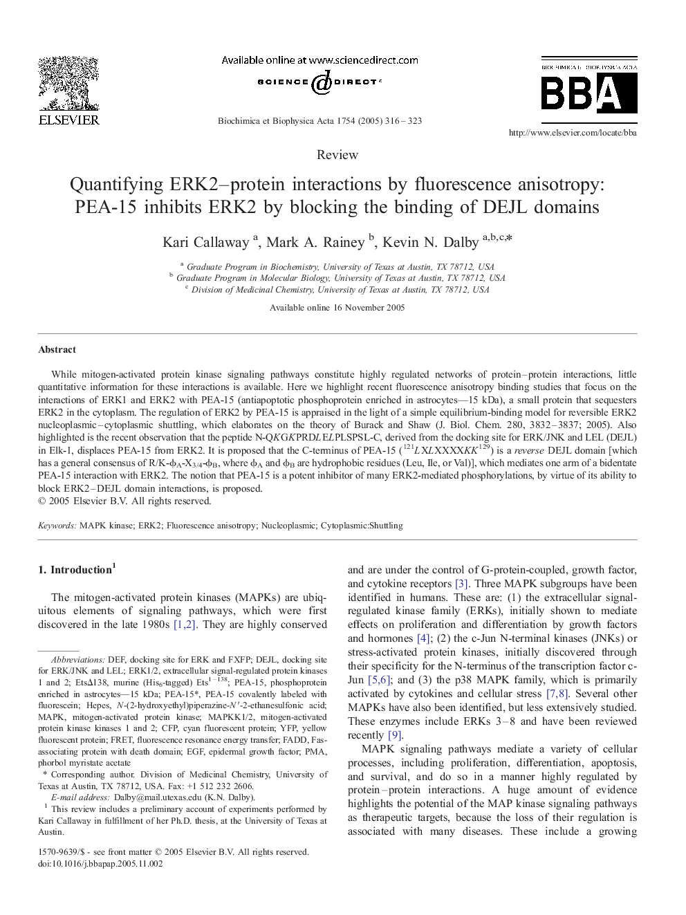 Quantifying ERK2-protein interactions by fluorescence anisotropy: PEA-15 inhibits ERK2 by blocking the binding of DEJL domains