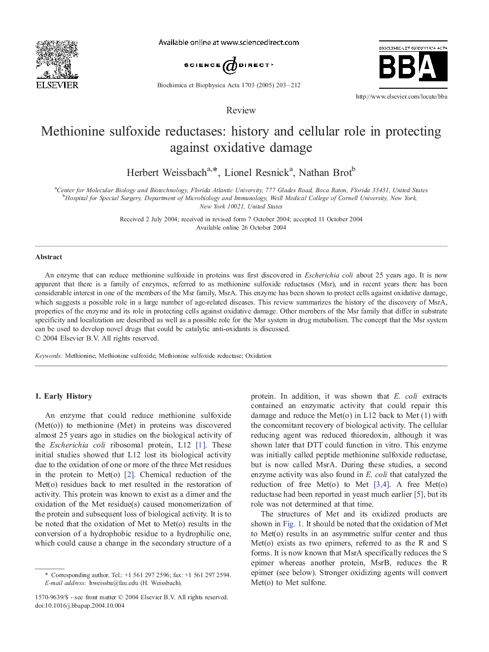 Methionine sulfoxide reductases: history and cellular role in protecting against oxidative damage