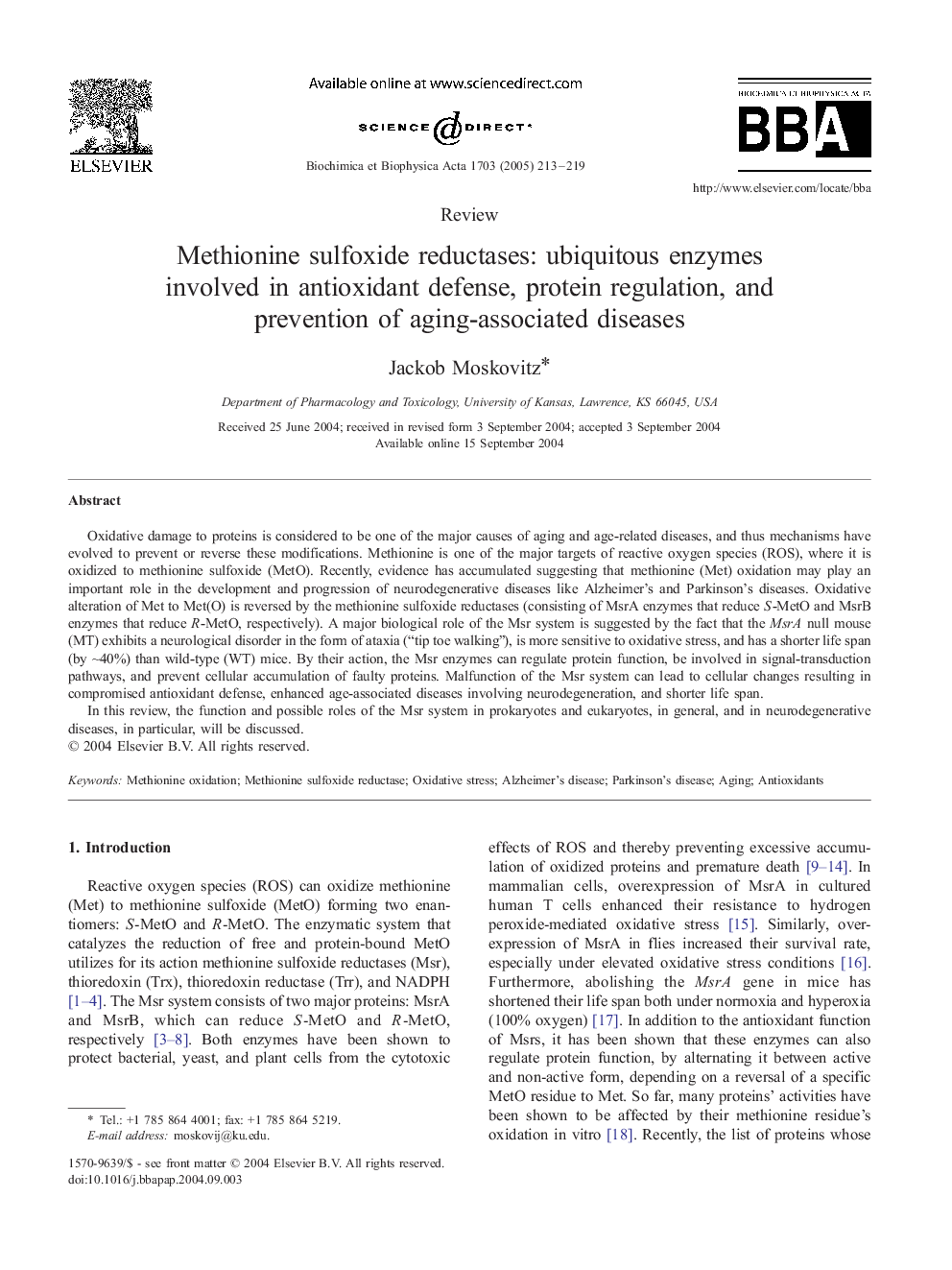 Methionine sulfoxide reductases: ubiquitous enzymes involved in antioxidant defense, protein regulation, and prevention of aging-associated diseases