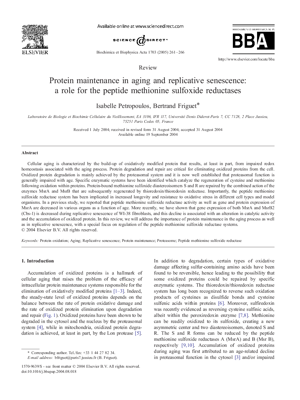 Protein maintenance in aging and replicative senescence: a role for the peptide methionine sulfoxide reductases