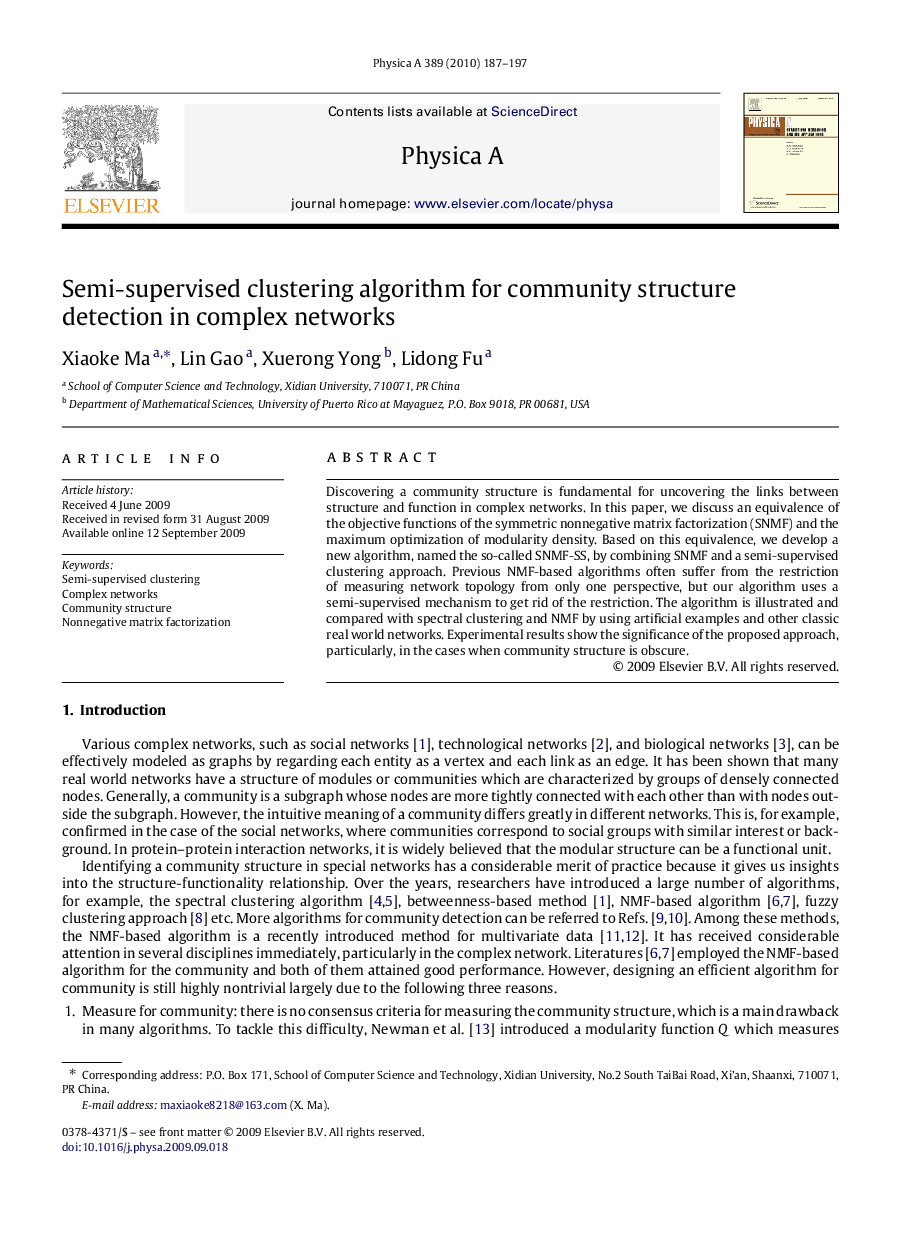 Semi-supervised clustering algorithm for community structure detection in complex networks