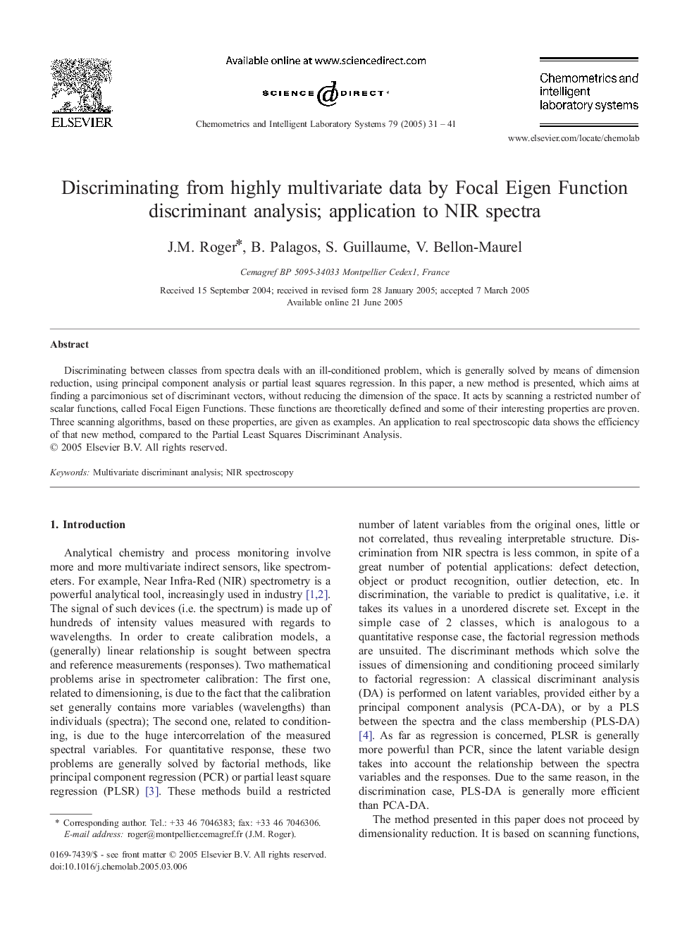 Discriminating from highly multivariate data by Focal Eigen Function discriminant analysis; application to NIR spectra