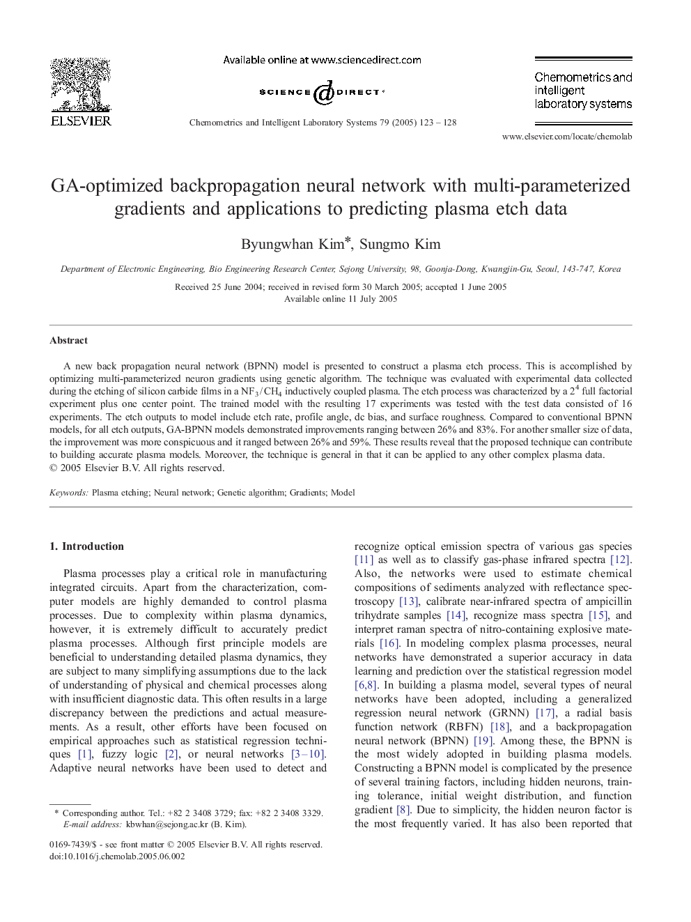 GA-optimized backpropagation neural network with multi-parameterized gradients and applications to predicting plasma etch data