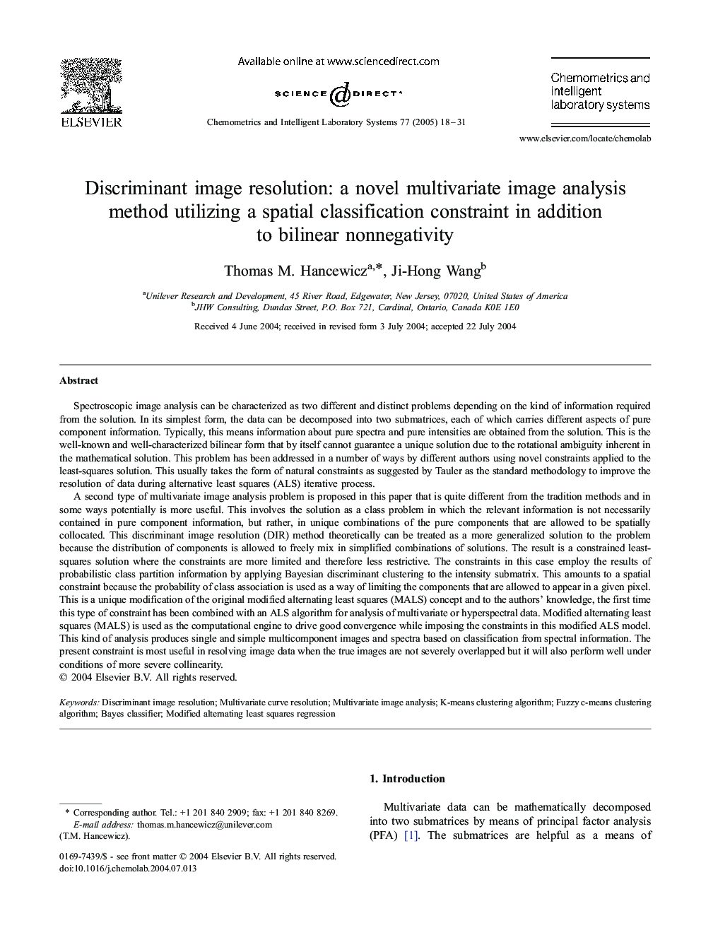 Discriminant image resolution: a novel multivariate image analysis method utilizing a spatial classification constraint in addition to bilinear nonnegativity