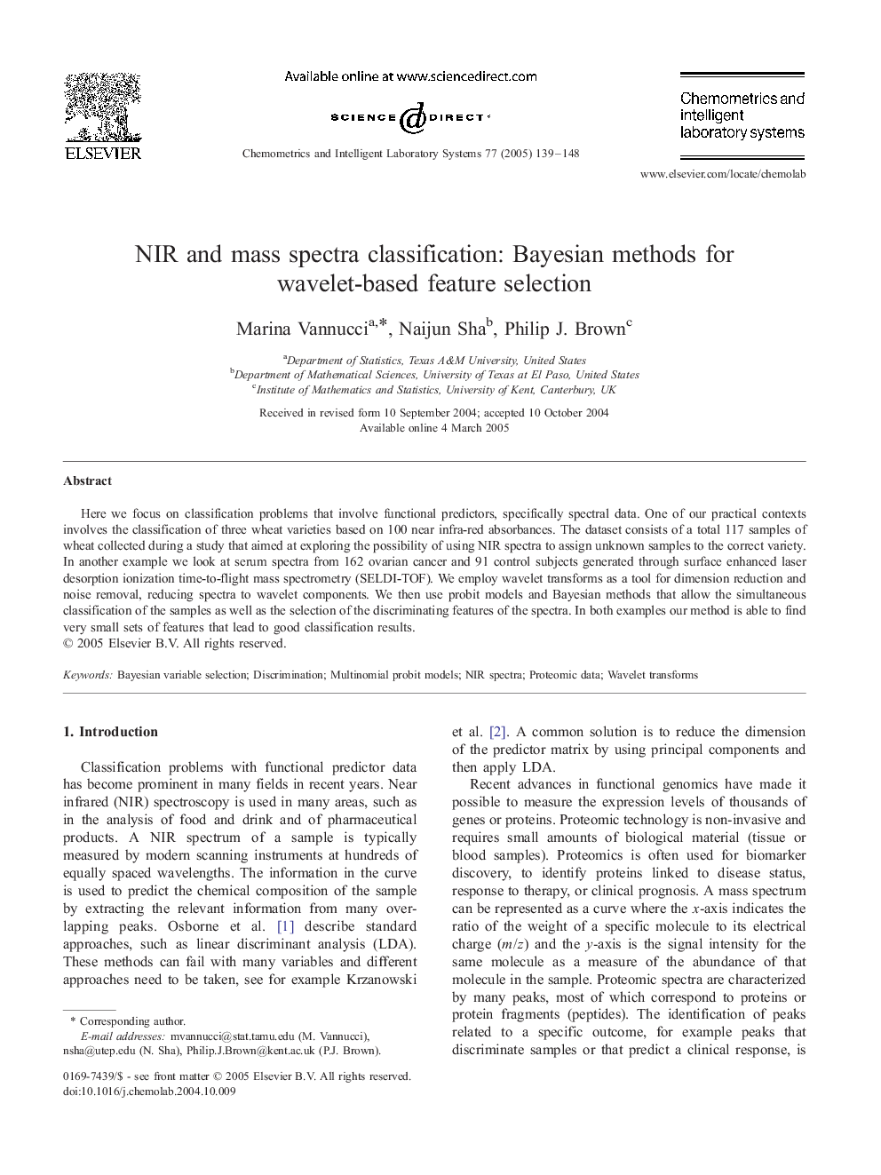 NIR and mass spectra classification: Bayesian methods for wavelet-based feature selection
