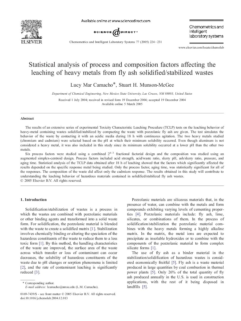 عکس صفحه اول مقاله: Statistical analysis of process and composition factors affecting the leaching of heavy metals from fly ash solidified/stabilized wastes Statistical analysis of process and composition factors affecting the leaching of heavy metals from fly ash solidified/stabilized wastes