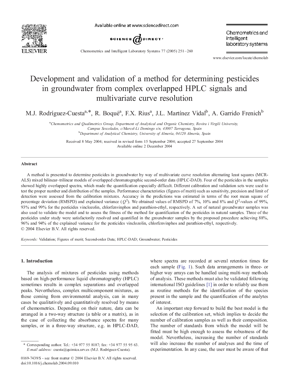 Development and validation of a method for determining pesticides in groundwater from complex overlapped HPLC signals and multivariate curve resolution