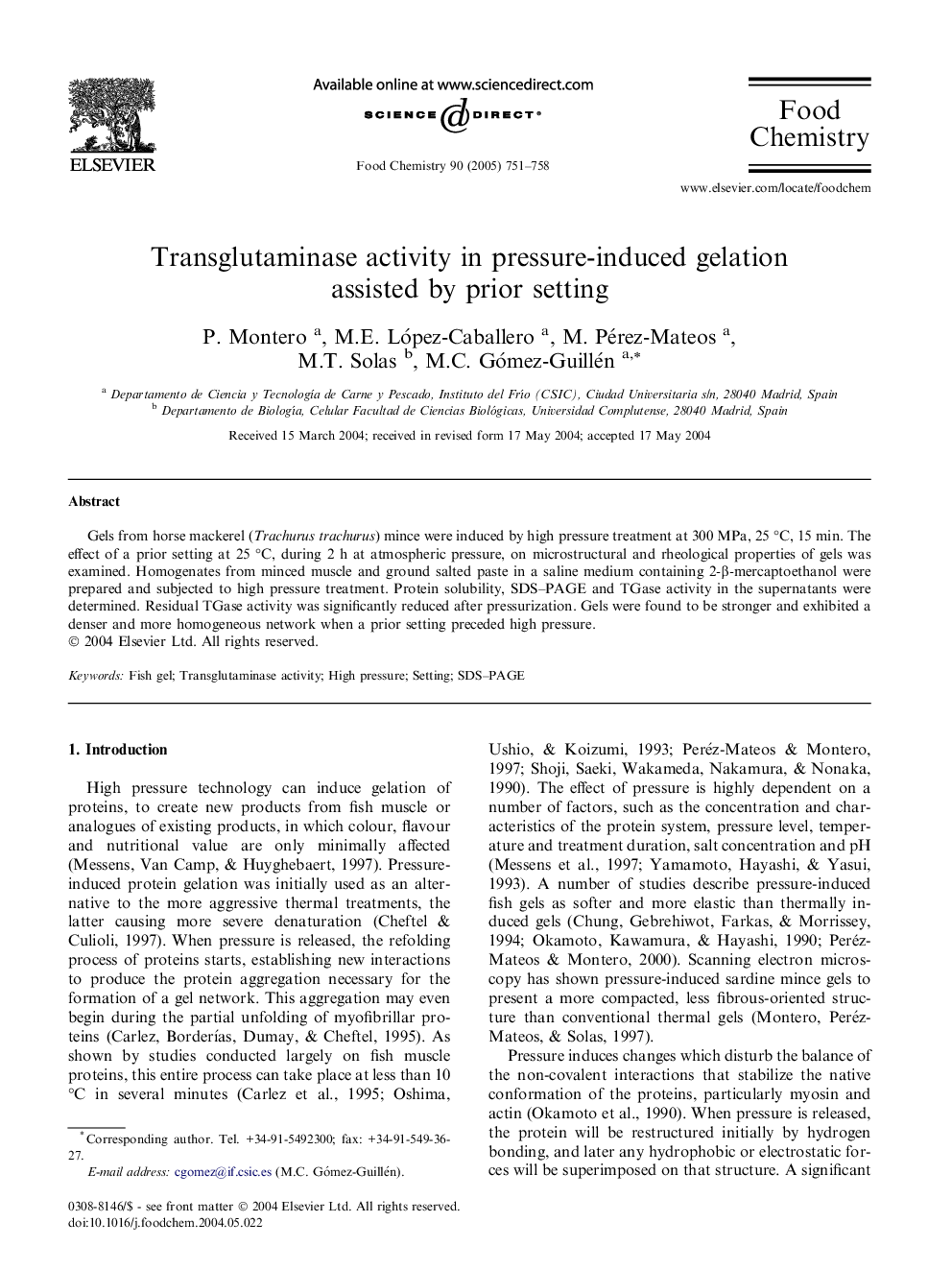 Transglutaminase activity in pressure-induced gelation assisted by prior setting