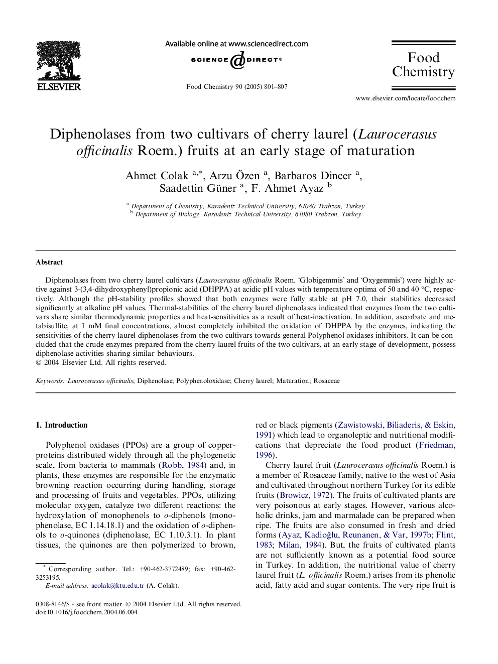 Diphenolases from two cultivars of cherry laurel (Laurocerasus officinalis Roem.) fruits at an early stage of maturation