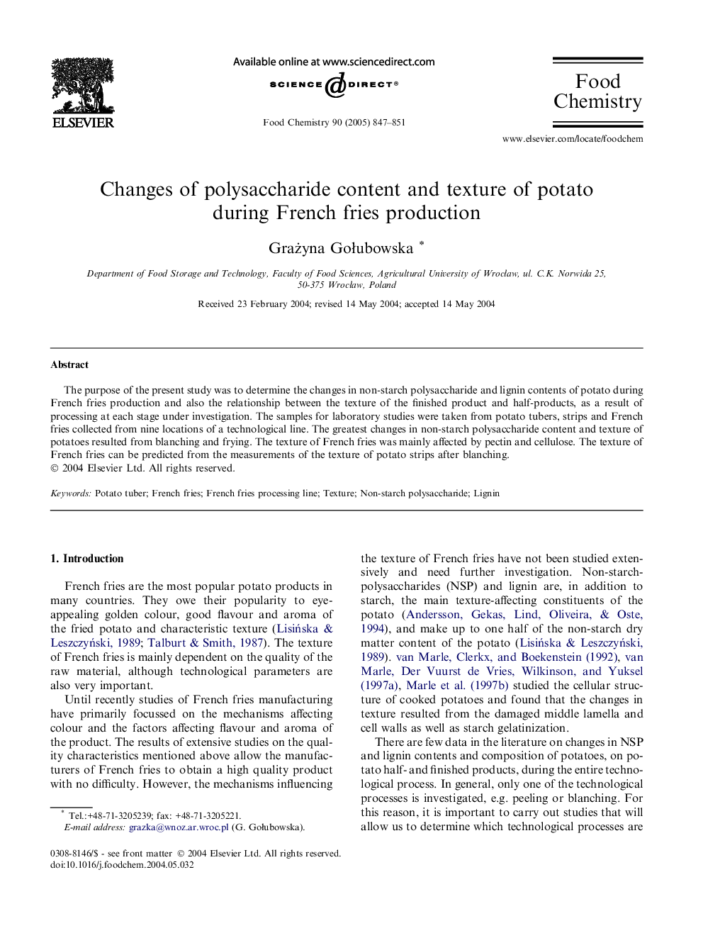 Changes of polysaccharide content and texture of potato during French fries production