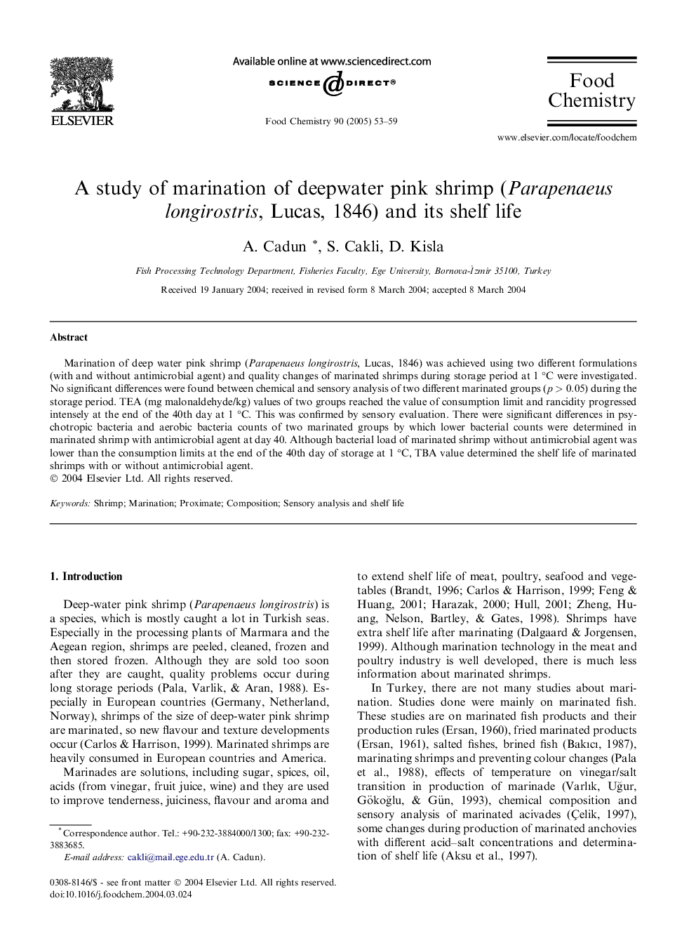 A study of marination of deepwater pink shrimp (Parapenaeus longirostris, Lucas, 1846) and its shelf life