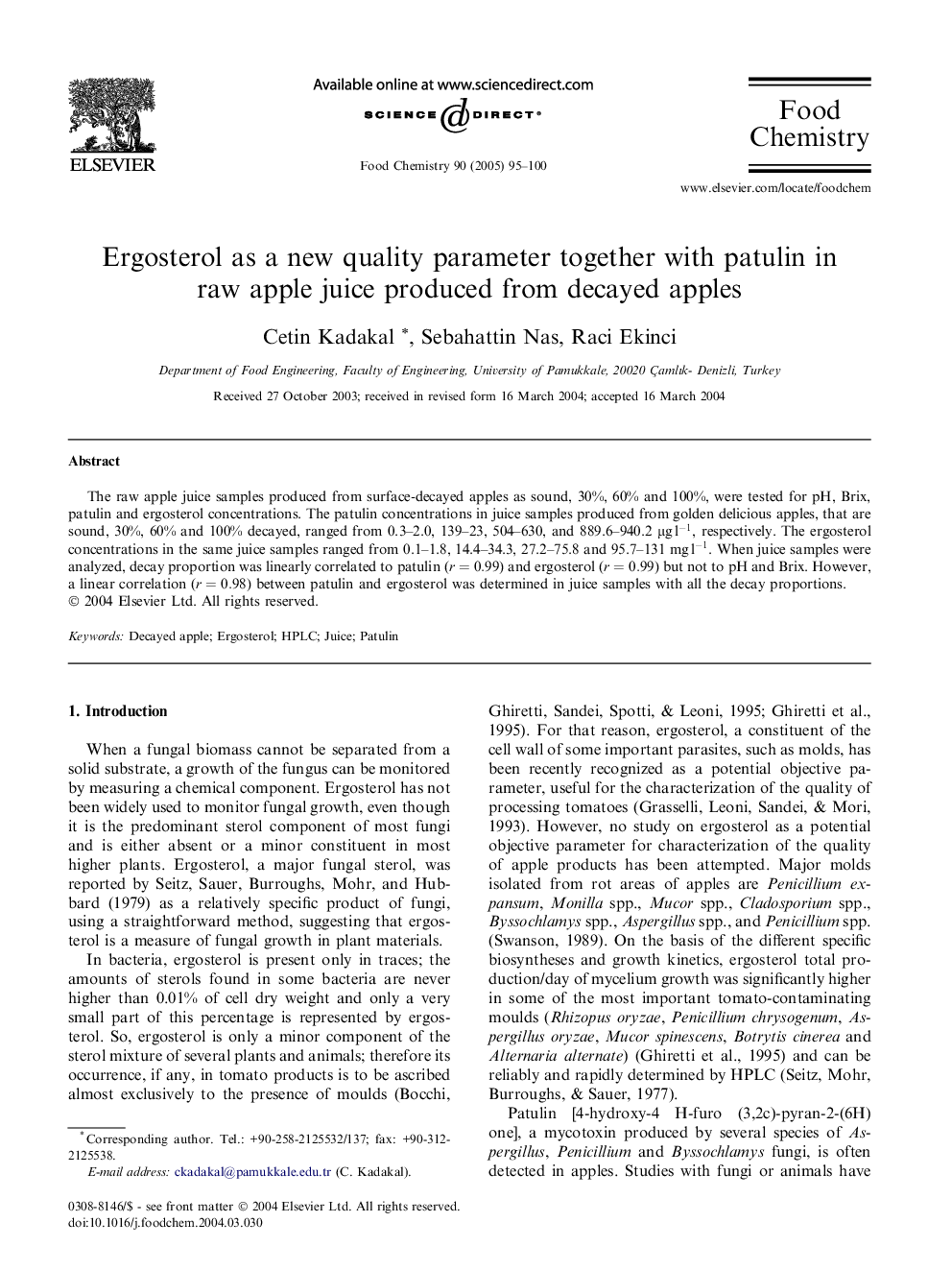 Ergosterol as a new quality parameter together with patulin in raw apple juice produced from decayed apples