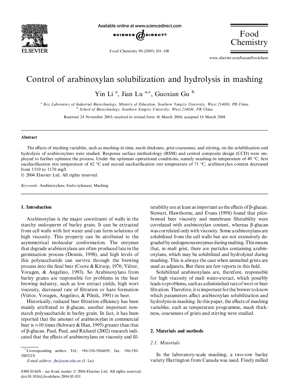 Control of arabinoxylan solubilization and hydrolysis in mashing