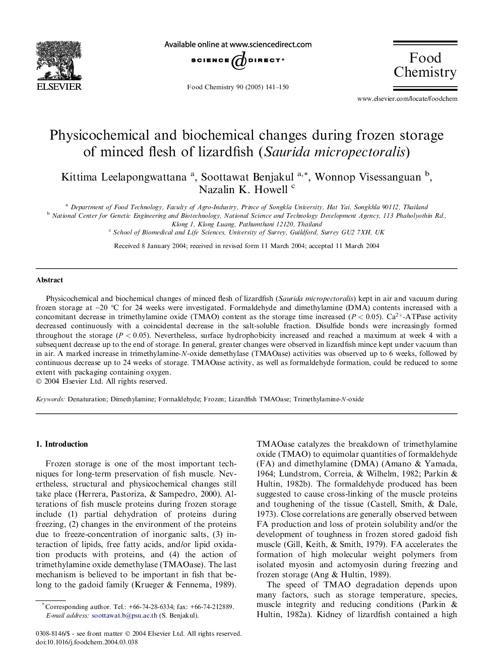 Physicochemical and biochemical changes during frozen storage of minced flesh of lizardfish (Saurida micropectoralis)