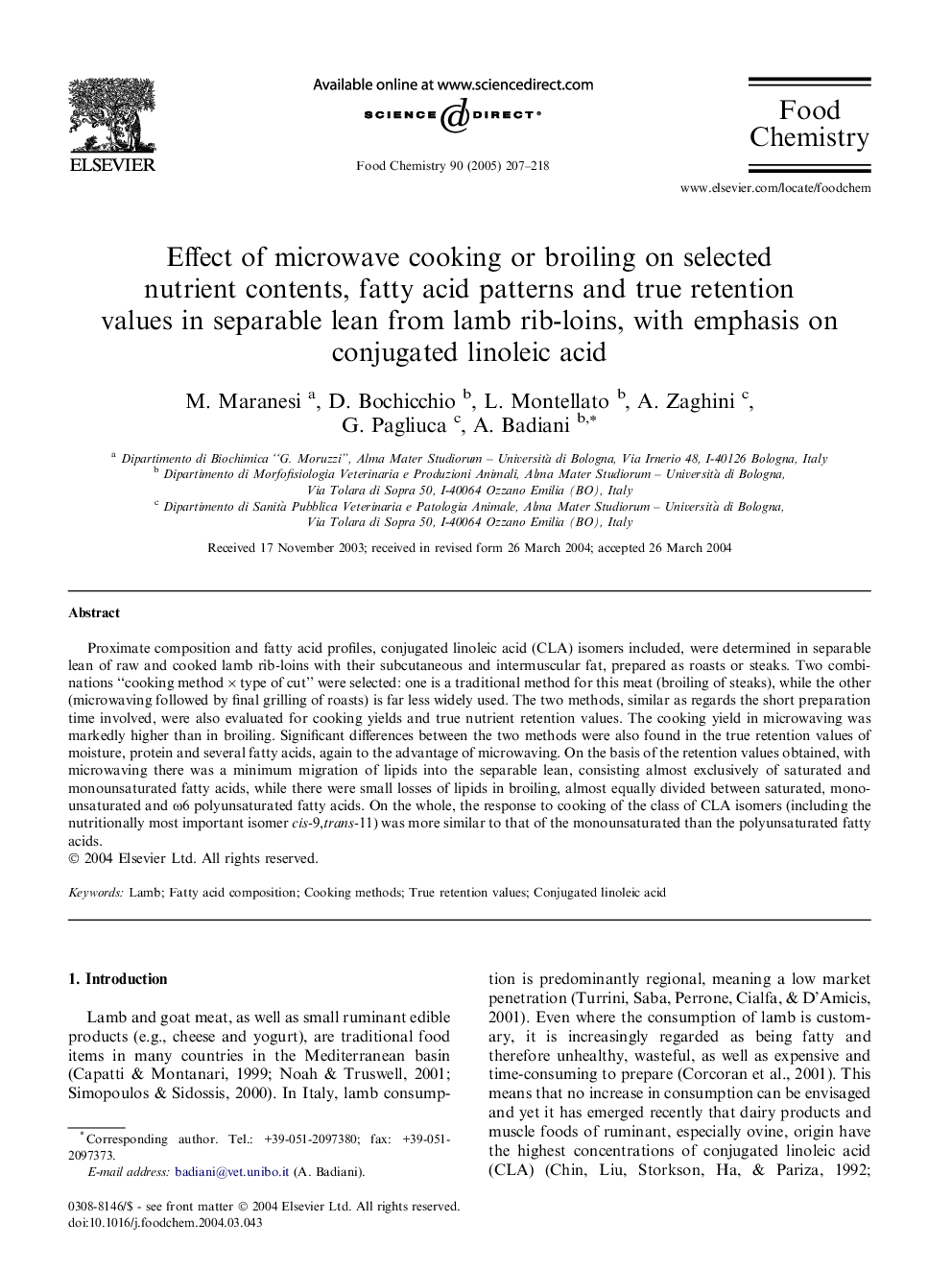 Effect of microwave cooking or broiling on selected nutrient contents, fatty acid patterns and true retention values in separable lean from lamb rib-loins, with emphasis on conjugated linoleic acid