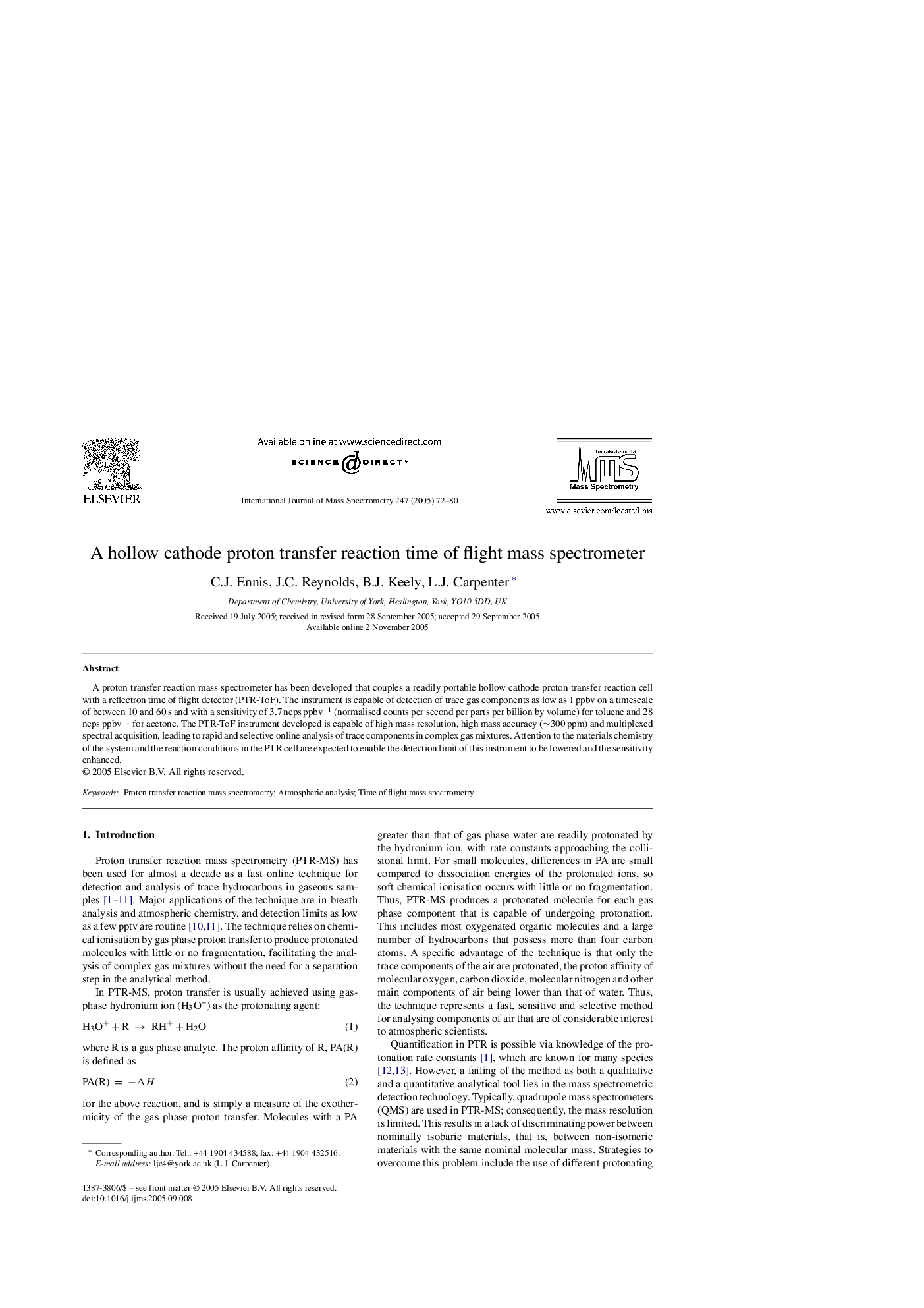 A hollow cathode proton transfer reaction time of flight mass spectrometer