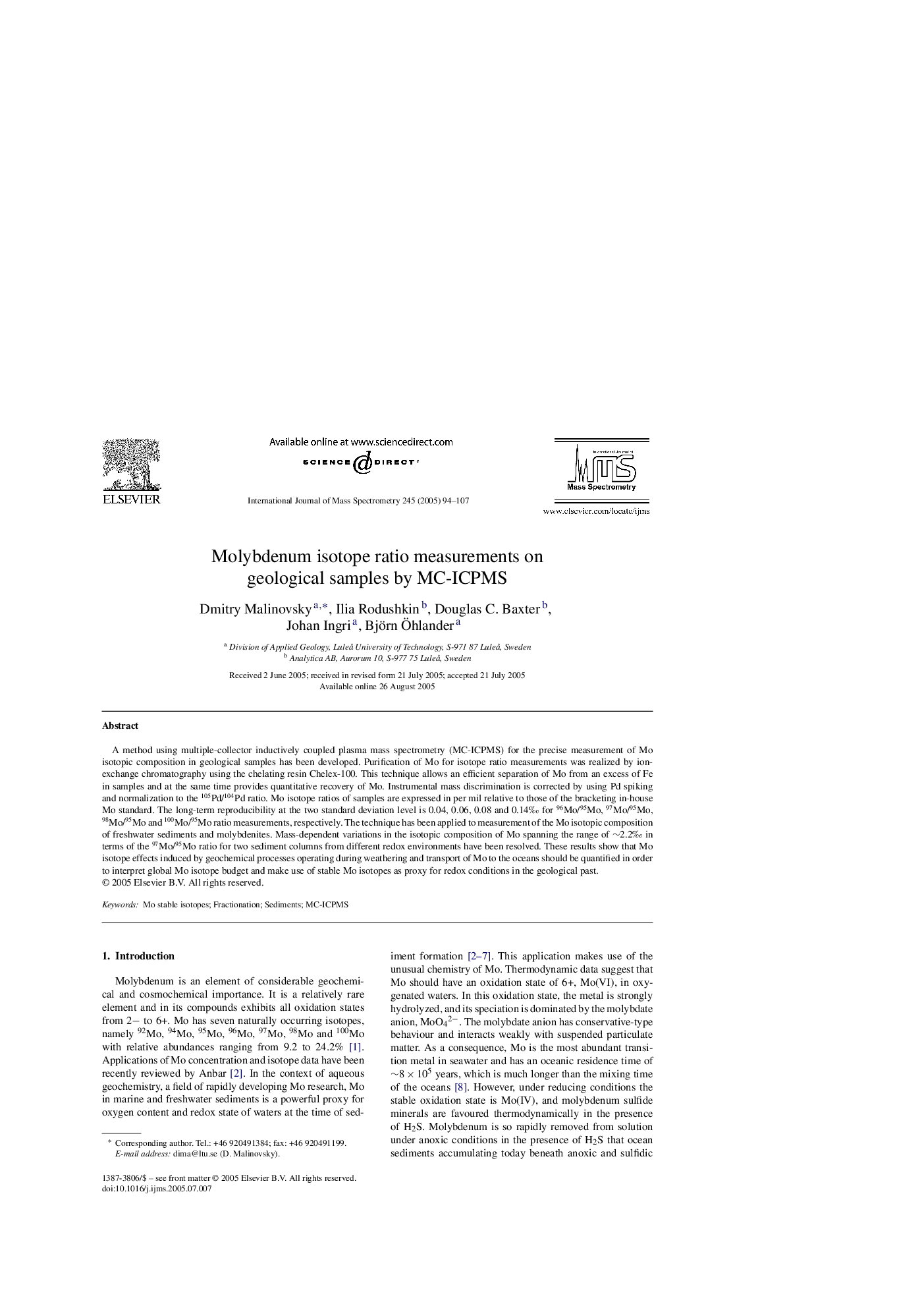 Molybdenum isotope ratio measurements on geological samples by MC-ICPMS