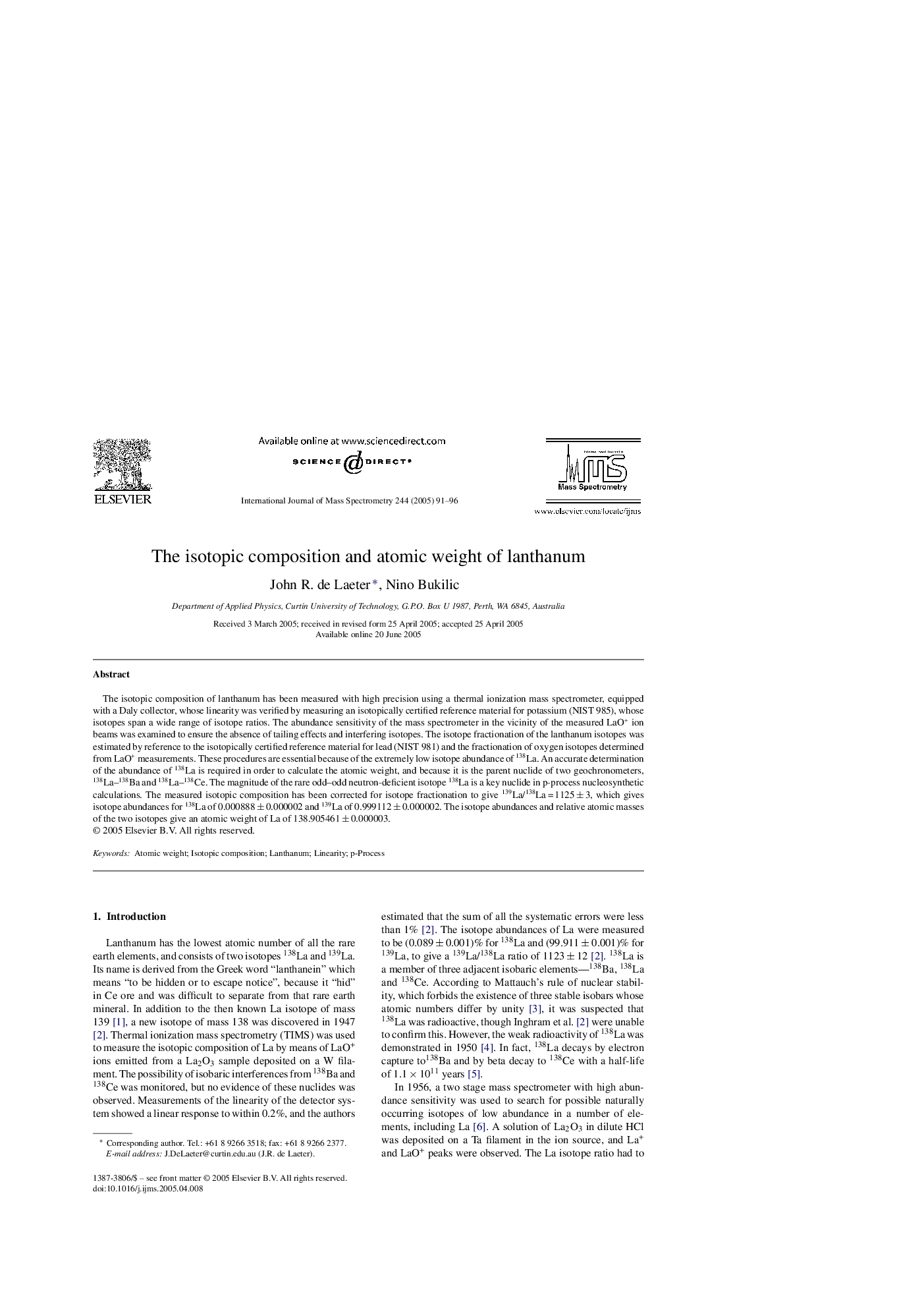 The isotopic composition and atomic weight of lanthanum