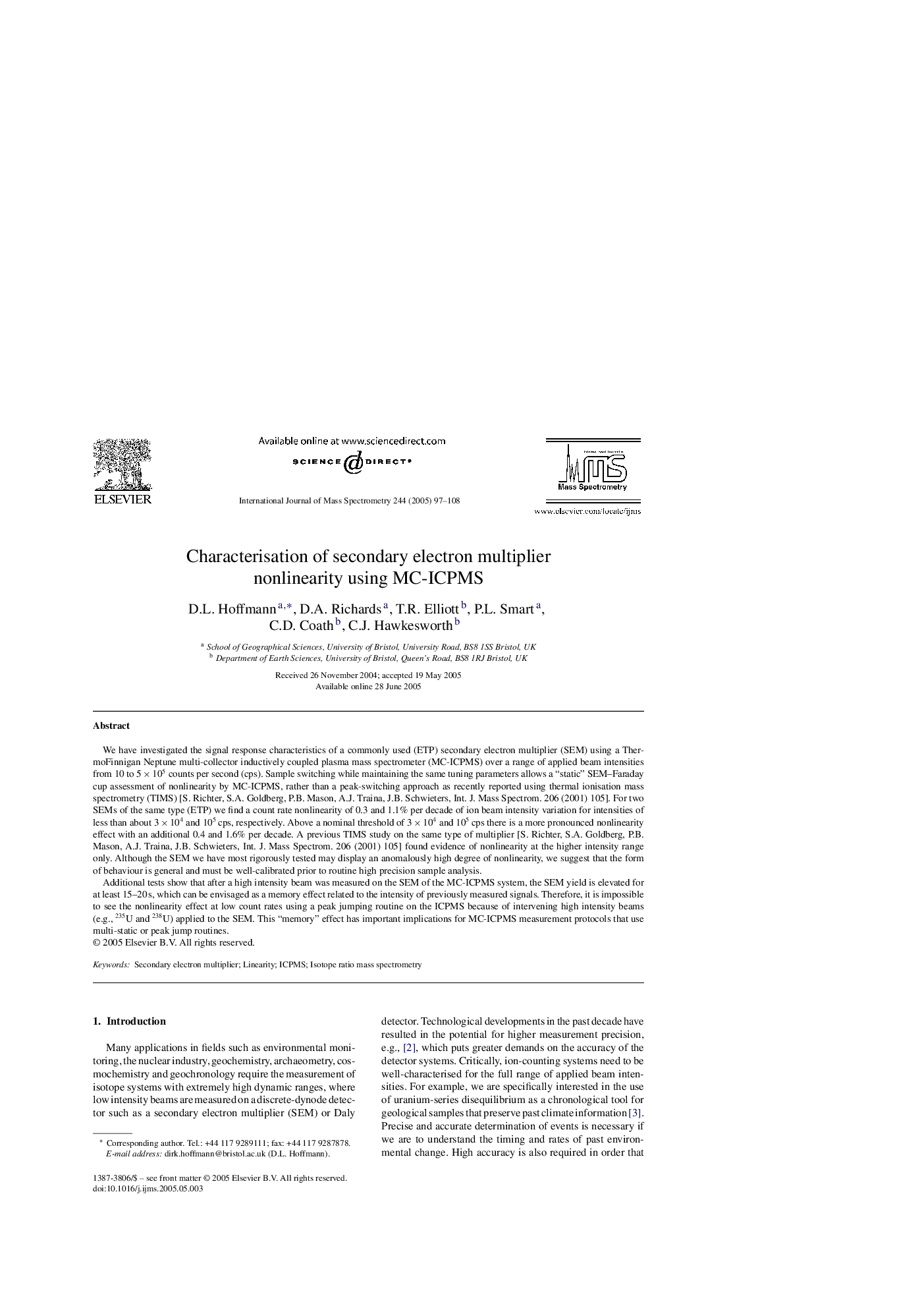 Characterisation of secondary electron multiplier nonlinearity using MC-ICPMS