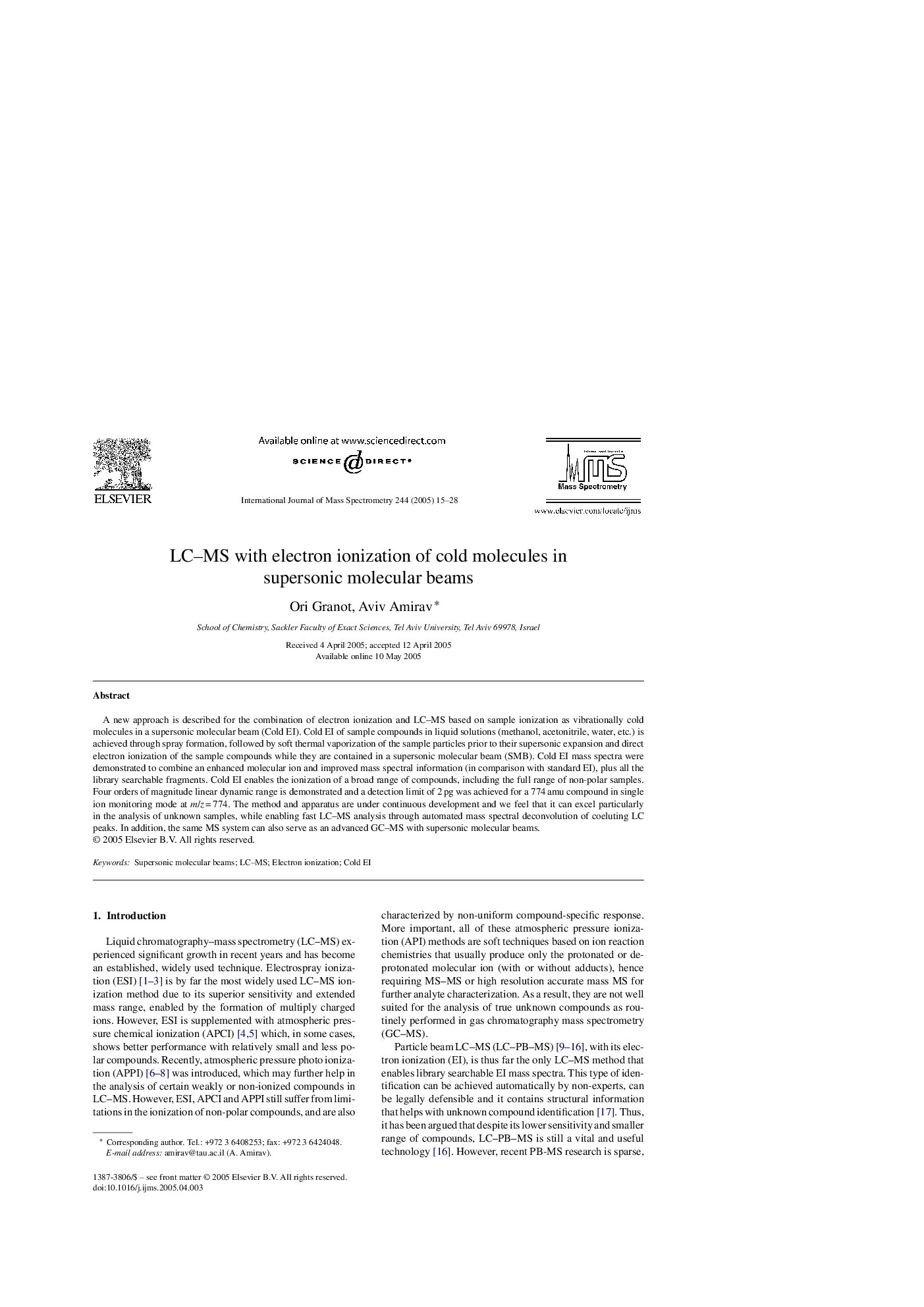 LC-MS with electron ionization of cold molecules in supersonic molecular beams