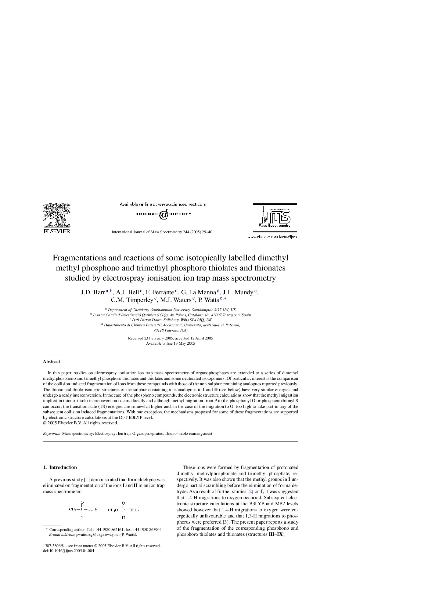 Fragmentations and reactions of some isotopically labelled dimethyl methyl phosphono and trimethyl phosphoro thiolates and thionates studied by electrospray ionisation ion trap mass spectrometry