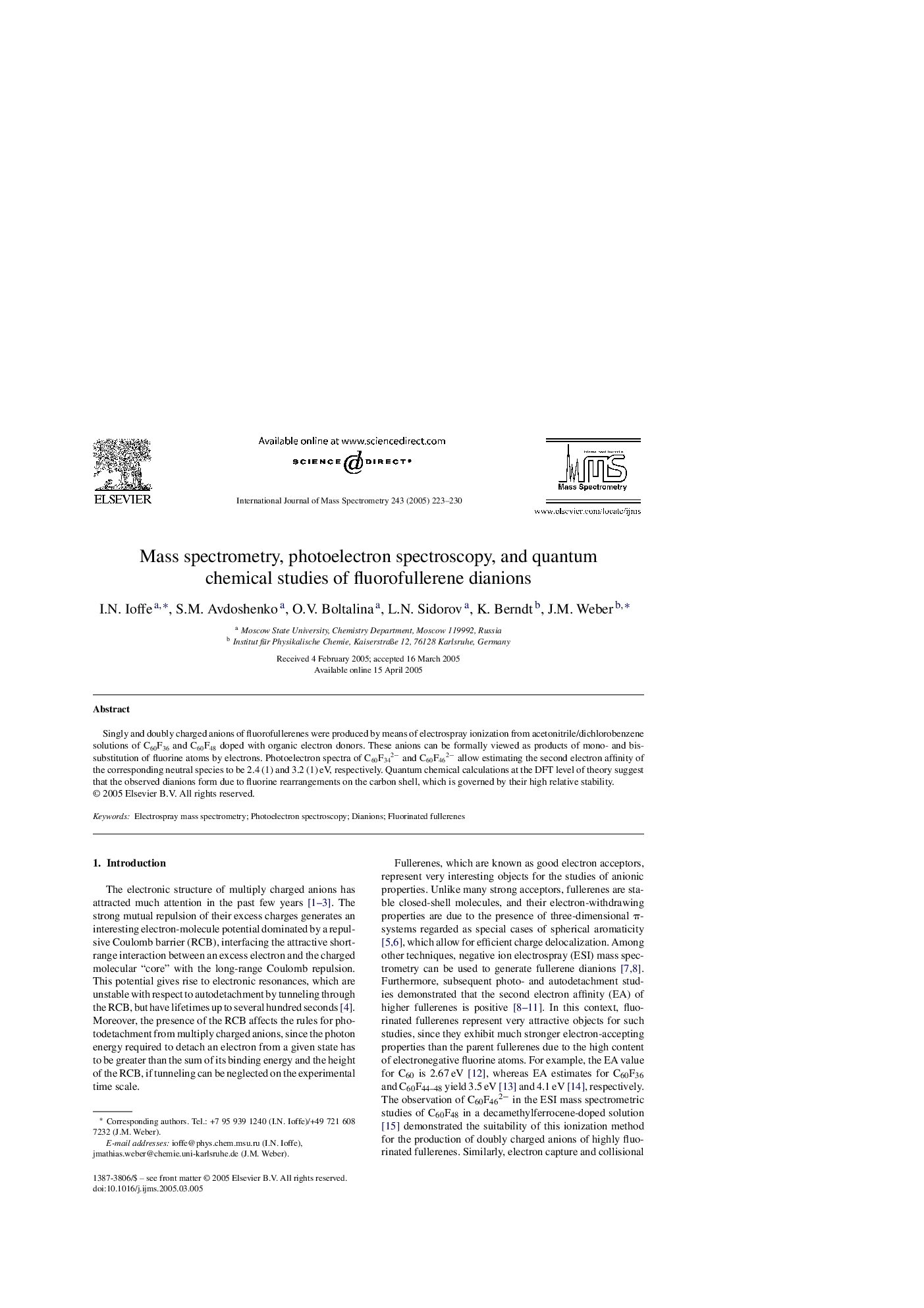 Mass spectrometry, photoelectron spectroscopy, and quantum chemical studies of fluorofullerene dianions