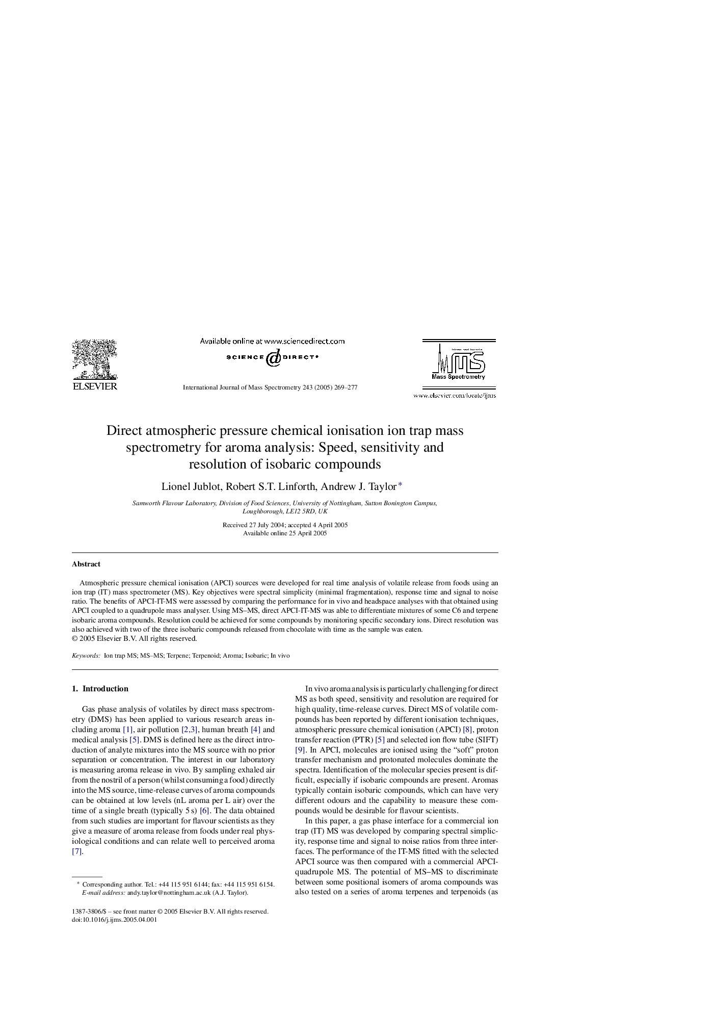 Direct atmospheric pressure chemical ionisation ion trap mass spectrometry for aroma analysis: Speed, sensitivity and resolution of isobaric compounds
