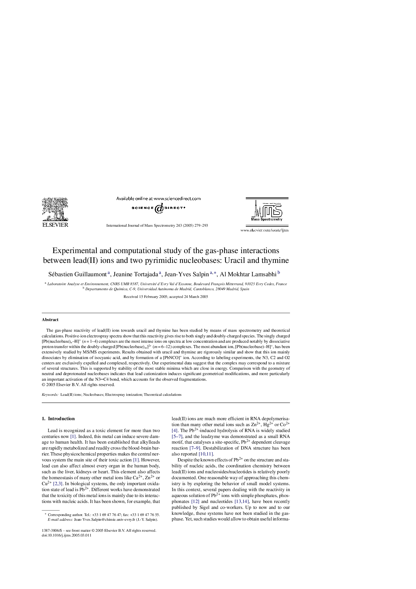 Experimental and computational study of the gas-phase interactions between lead(II) ions and two pyrimidic nucleobases: Uracil and thymine