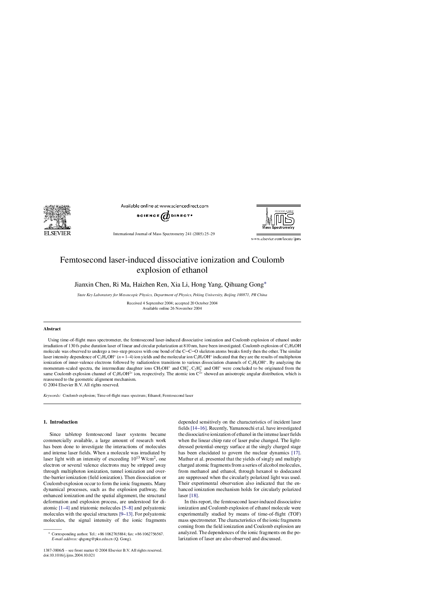 Femtosecond laser-induced dissociative ionization and Coulomb explosion of ethanol