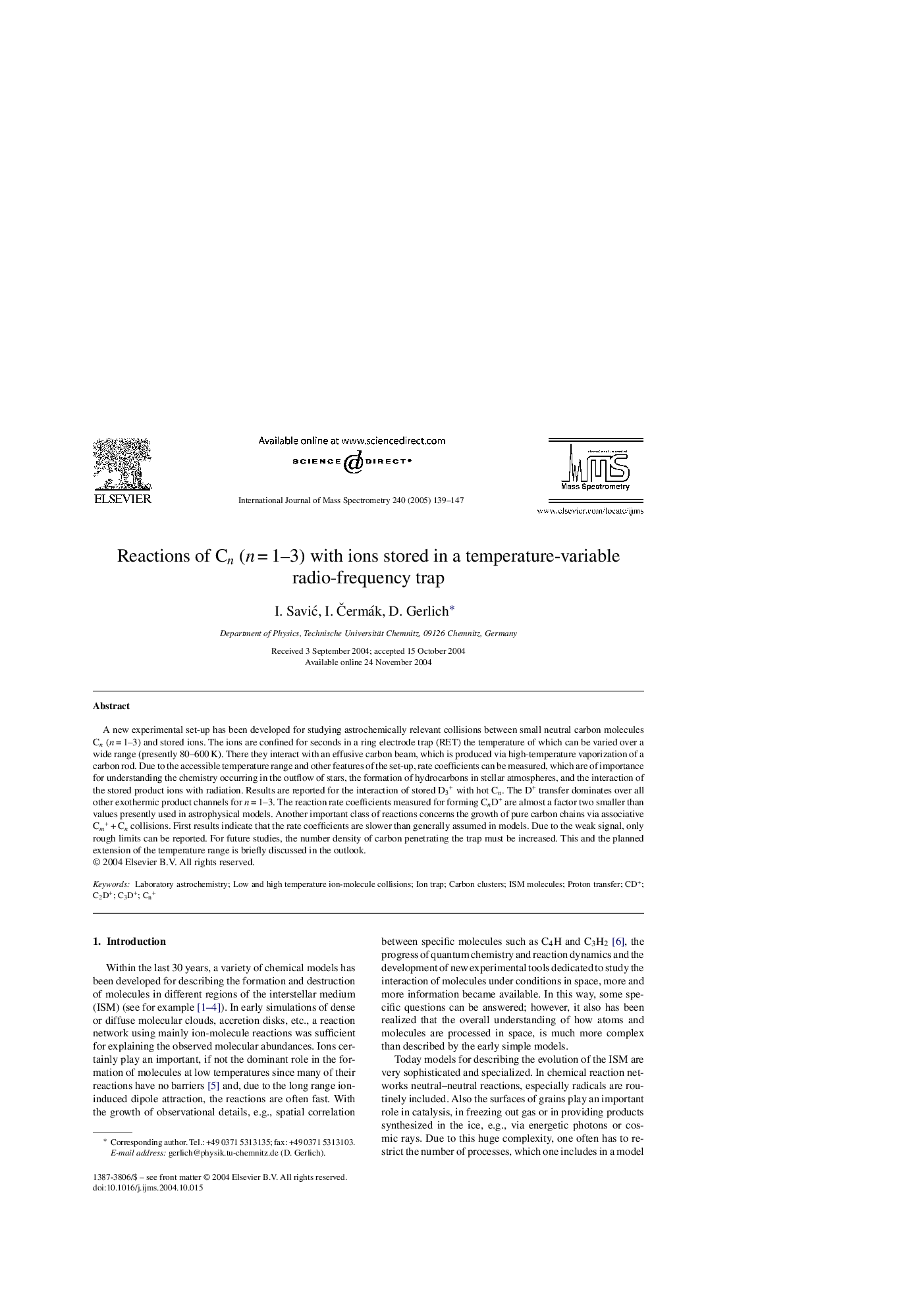 Reactions of Cn (nÂ =Â 1-3) with ions stored in a temperature-variable radio-frequency trap