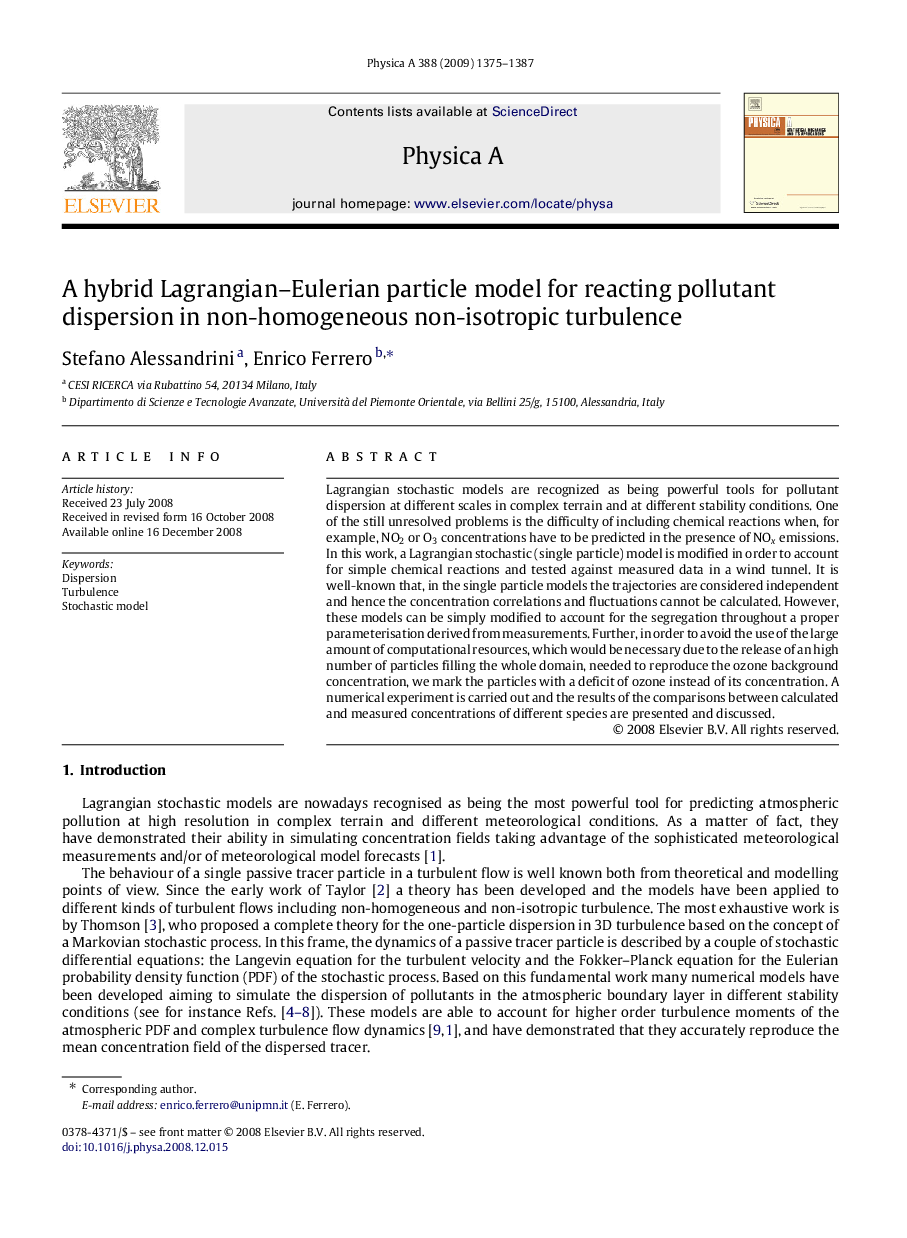 A hybrid Lagrangian–Eulerian particle model for reacting pollutant dispersion in non-homogeneous non-isotropic turbulence