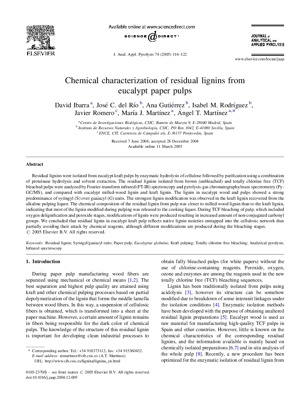 Chemical characterization of residual lignins from eucalypt paper pulps