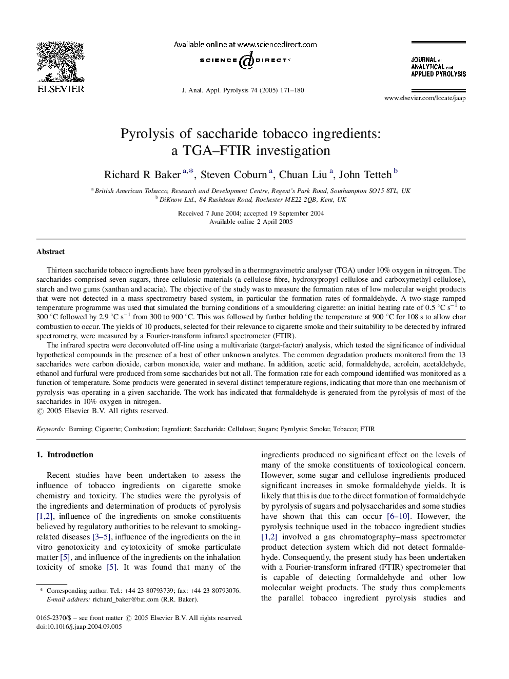 Pyrolysis of saccharide tobacco ingredients: a TGA-FTIR investigation