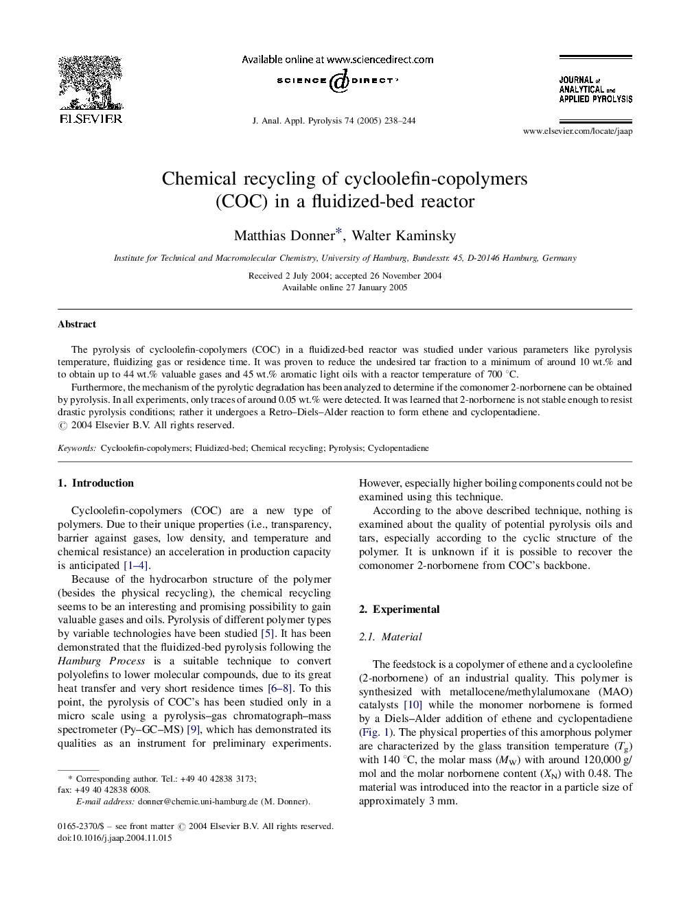 Chemical recycling of cycloolefin-copolymers (COC) in a fluidized-bed reactor