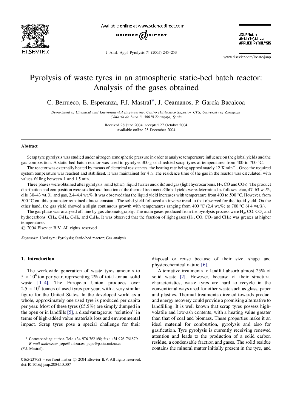 Pyrolysis of waste tyres in an atmospheric static-bed batch reactor: Analysis of the gases obtained