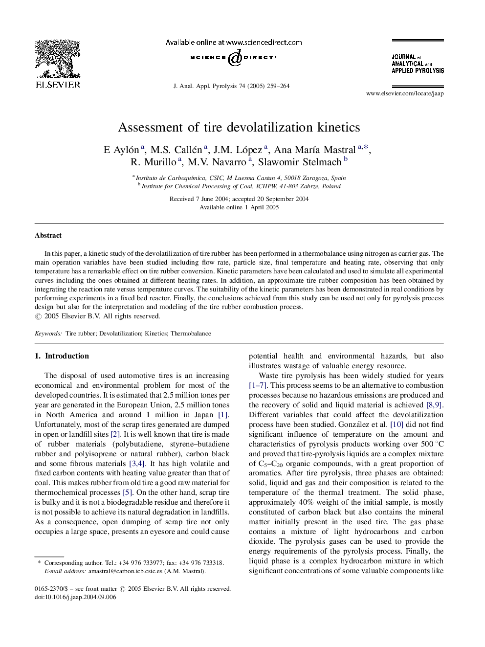 Assessment of tire devolatilization kinetics