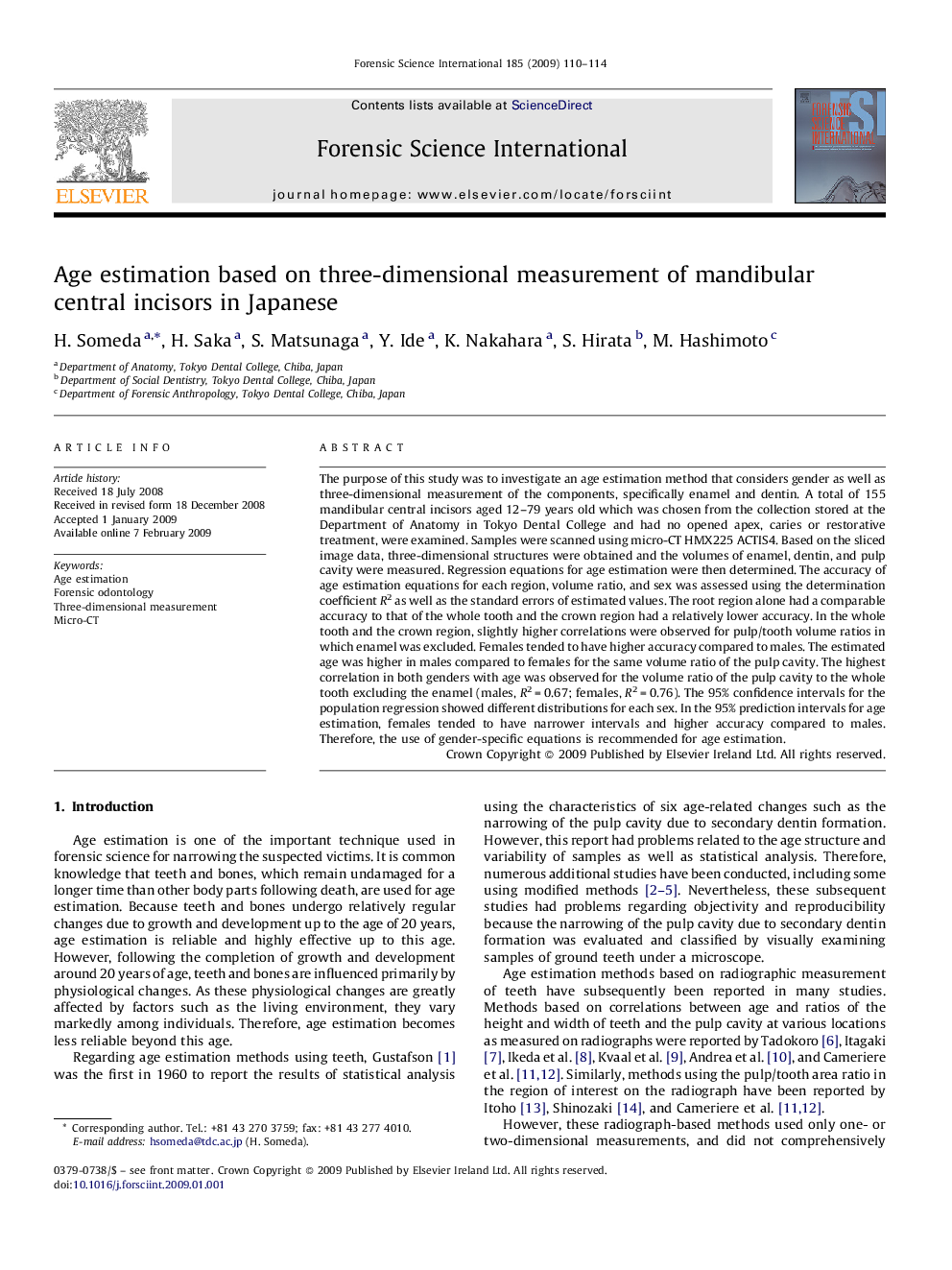 Age estimation based on three-dimensional measurement of mandibular central incisors in Japanese