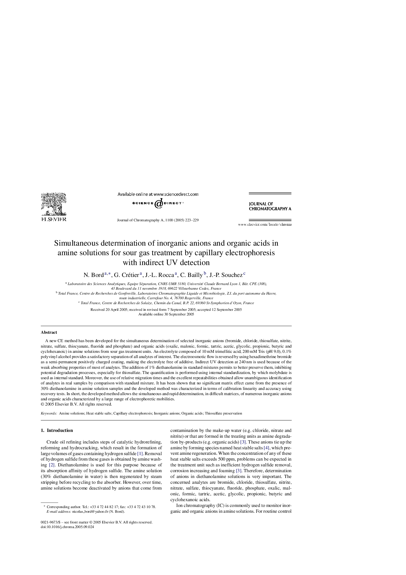 عکس صفحه اول مقاله: Simultaneous determination of inorganic anions and organic acids in amine solutions for sour gas treatment by capillary electrophoresis with indirect UV detection Simultaneous determination of inorganic anions and organic acids in amine solutions for sour gas treatment by capillary electrophoresis with indirect UV detection