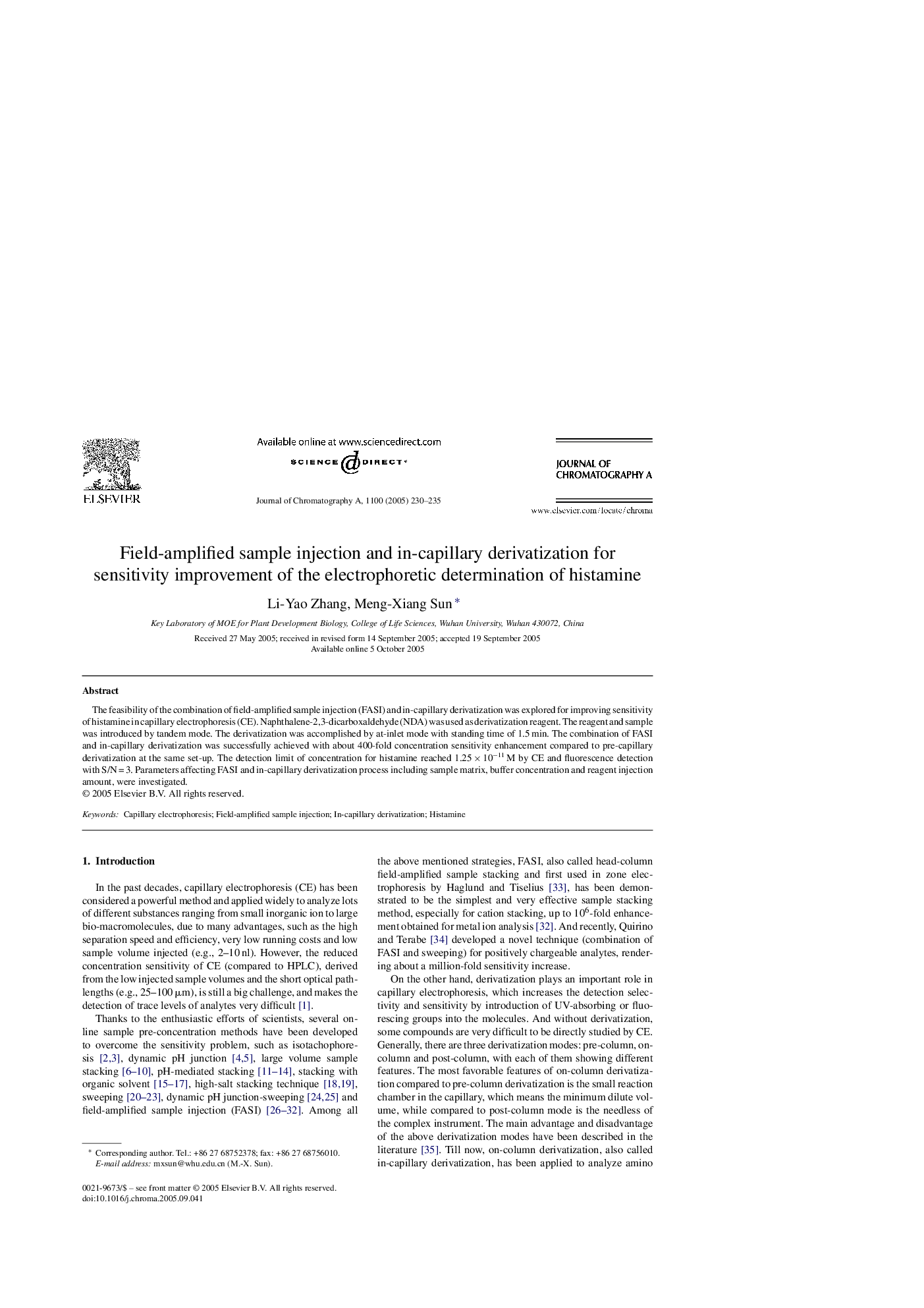 Field-amplified sample injection and in-capillary derivatization for sensitivity improvement of the electrophoretic determination of histamine