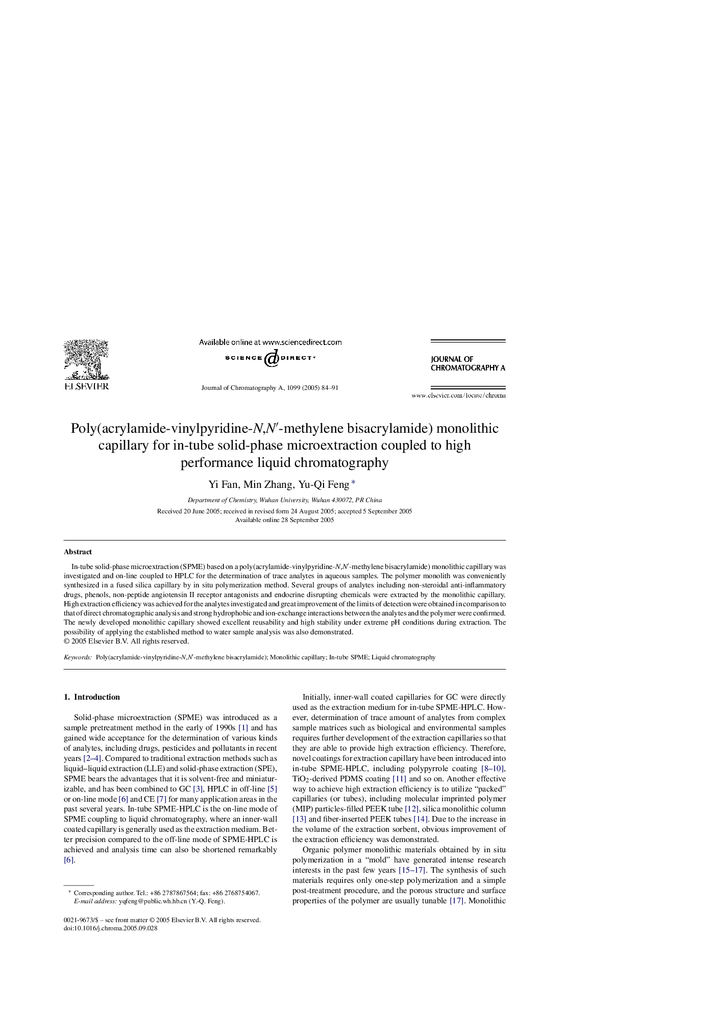 Poly(acrylamide-vinylpyridine-N,Nâ²-methylene bisacrylamide) monolithic capillary for in-tube solid-phase microextraction coupled to high performance liquid chromatography