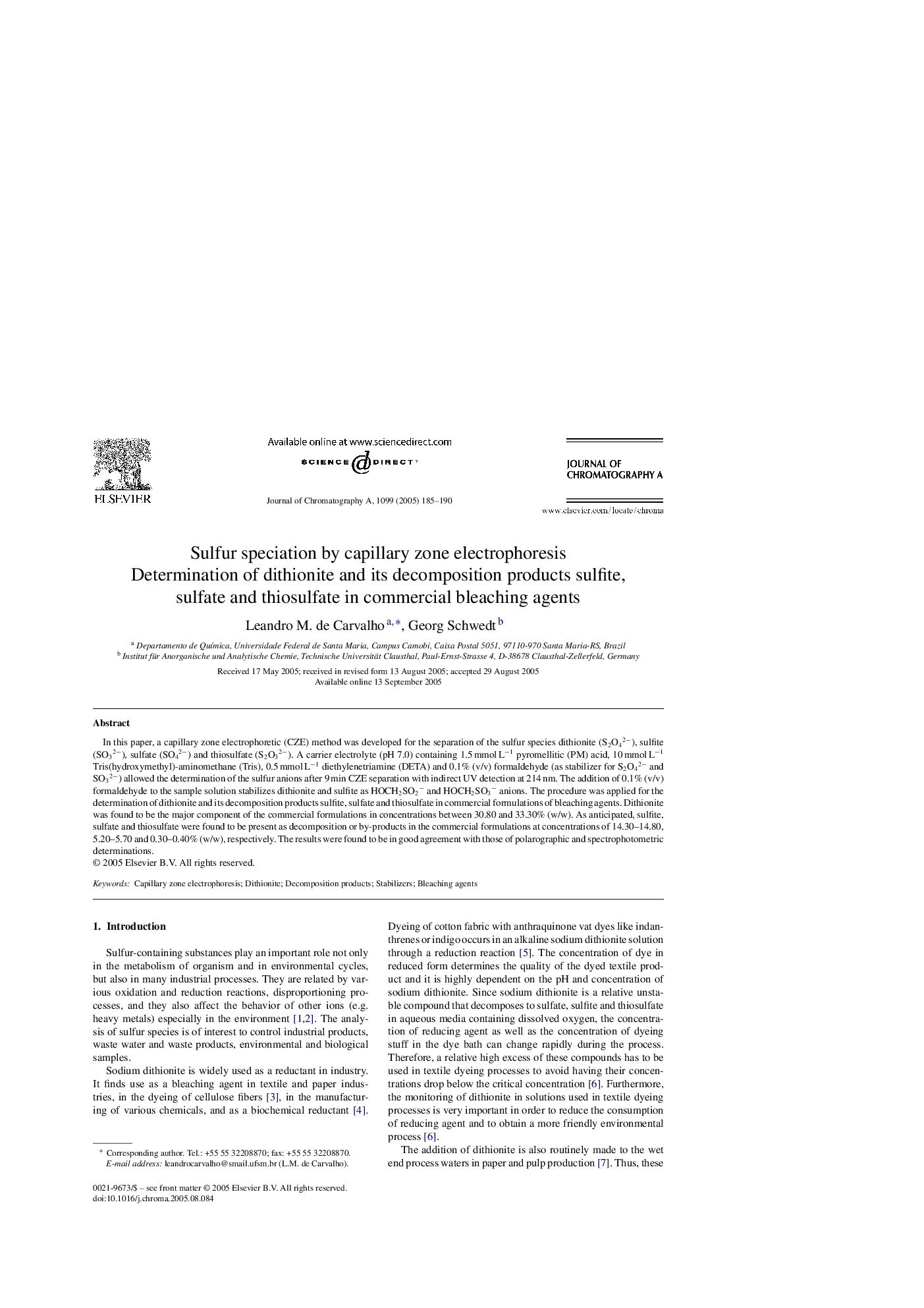 Sulfur speciation by capillary zone electrophoresis