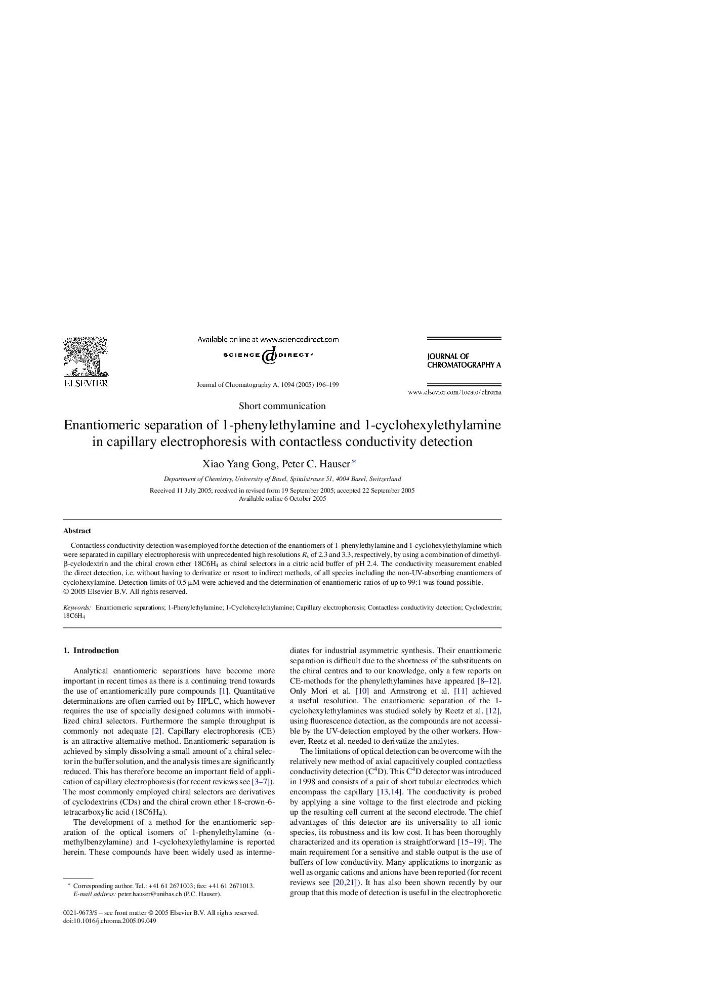 Enantiomeric separation of 1-phenylethylamine and 1-cyclohexylethylamine in capillary electrophoresis with contactless conductivity detection