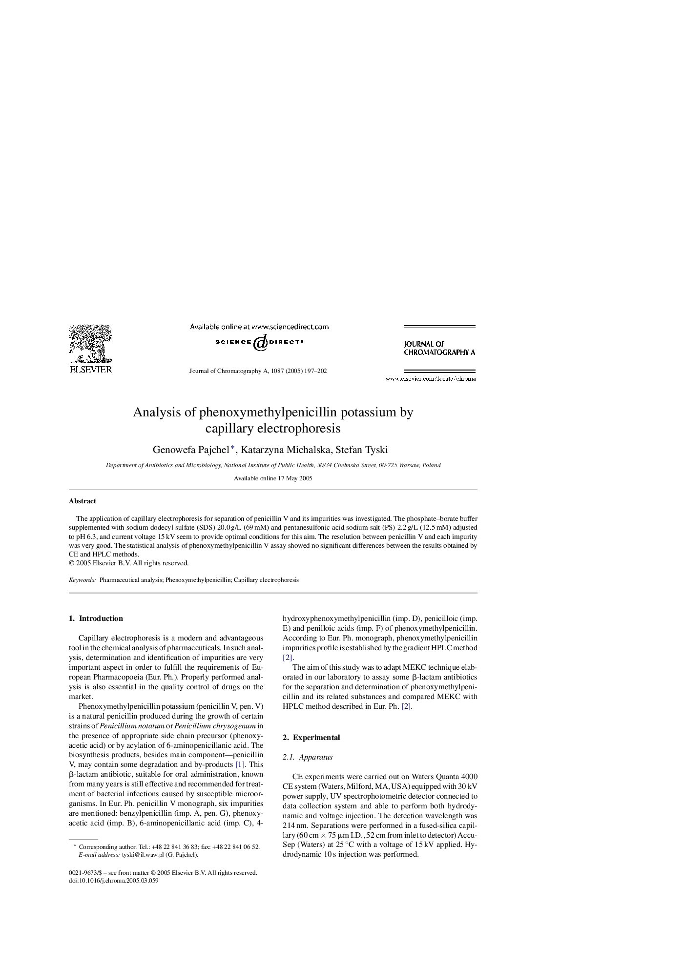 Analysis of phenoxymethylpenicillin potassium by capillary electrophoresis