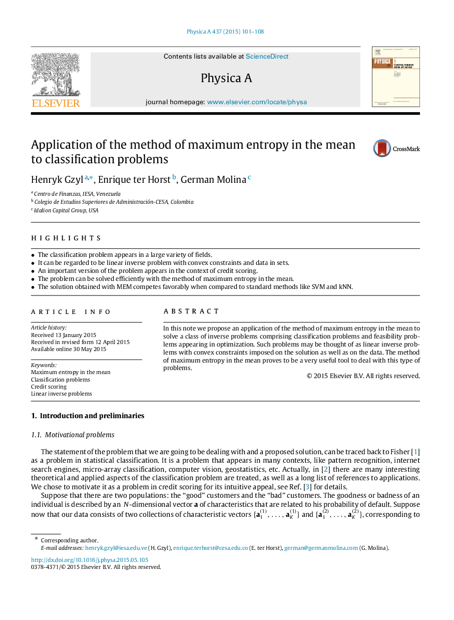 Application of the method of maximum entropy in the mean to classification problems